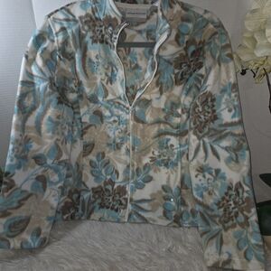 Alfred Dunner Floral Pattern In Teal, Brown And Beige Fleece Jacket, Size PM